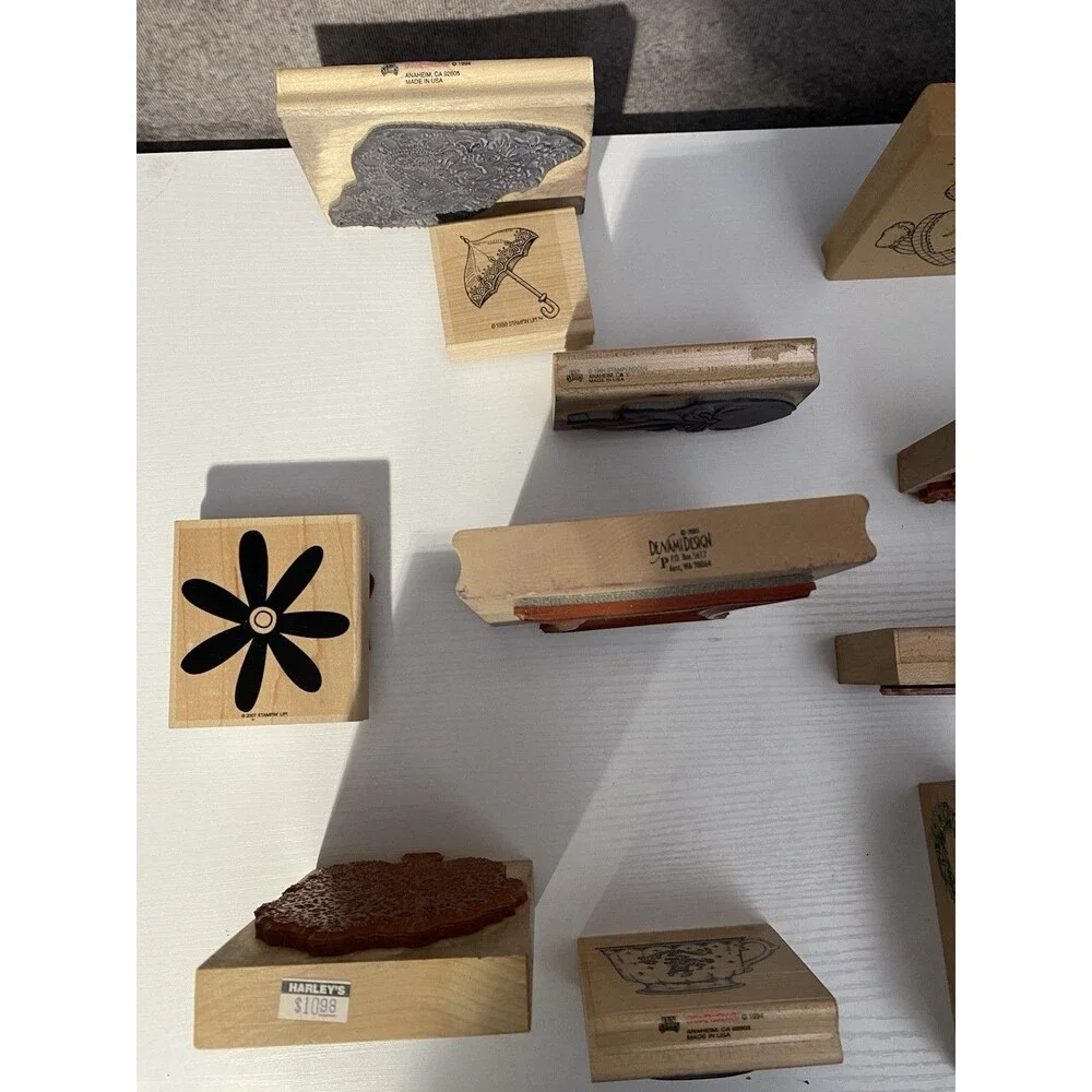 Lot 11 Vtg Wood Rubber Stamps: River City Roadster, Denami, Stampin' Up!, Misc
